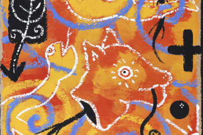 Peinture acrylique sur kraft. Œuvre très colorée mêlant des figures étranges et des teintes oranges, jaunes, bleu et noir - Enlarge image 1 on 4, modal window